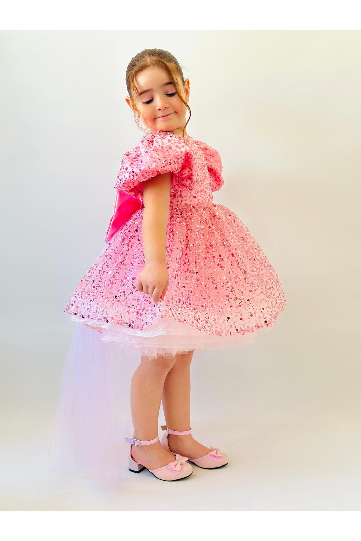 Pembe Taşlı Vintage Kız Bebek Elbise 3