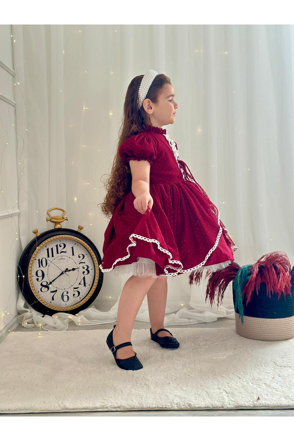 Hly Karol Bordo Vintage Kız Bebek Elbisesi 7