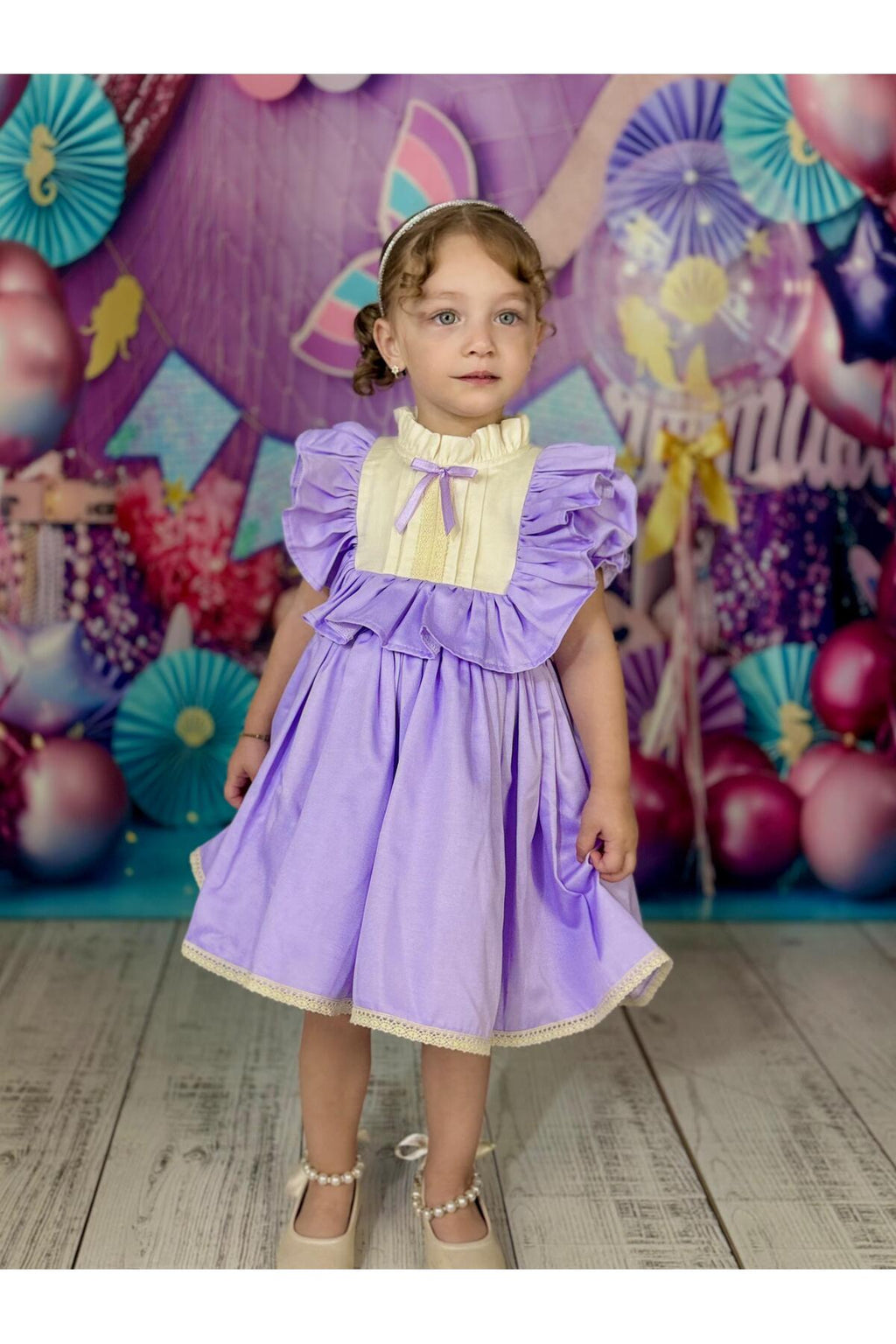 Defne Lila Fiyonklu Vintage Kız Bebek Elbise 8