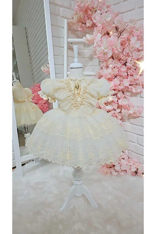 Dantelli Kısa Kollu Vintage Kız Bebek Elbisesi