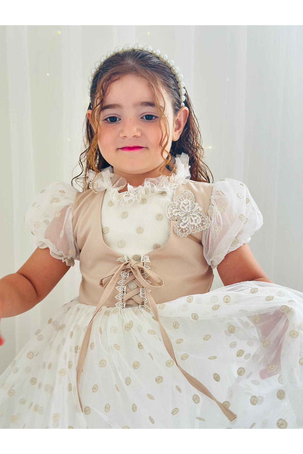 Puantiyeli Krem Vintage Kız Bebek Elbisesi 5