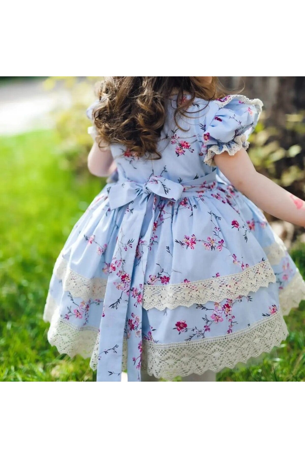 Mavi Dantelli Vintage Kız Bebek Elbisesi 3
