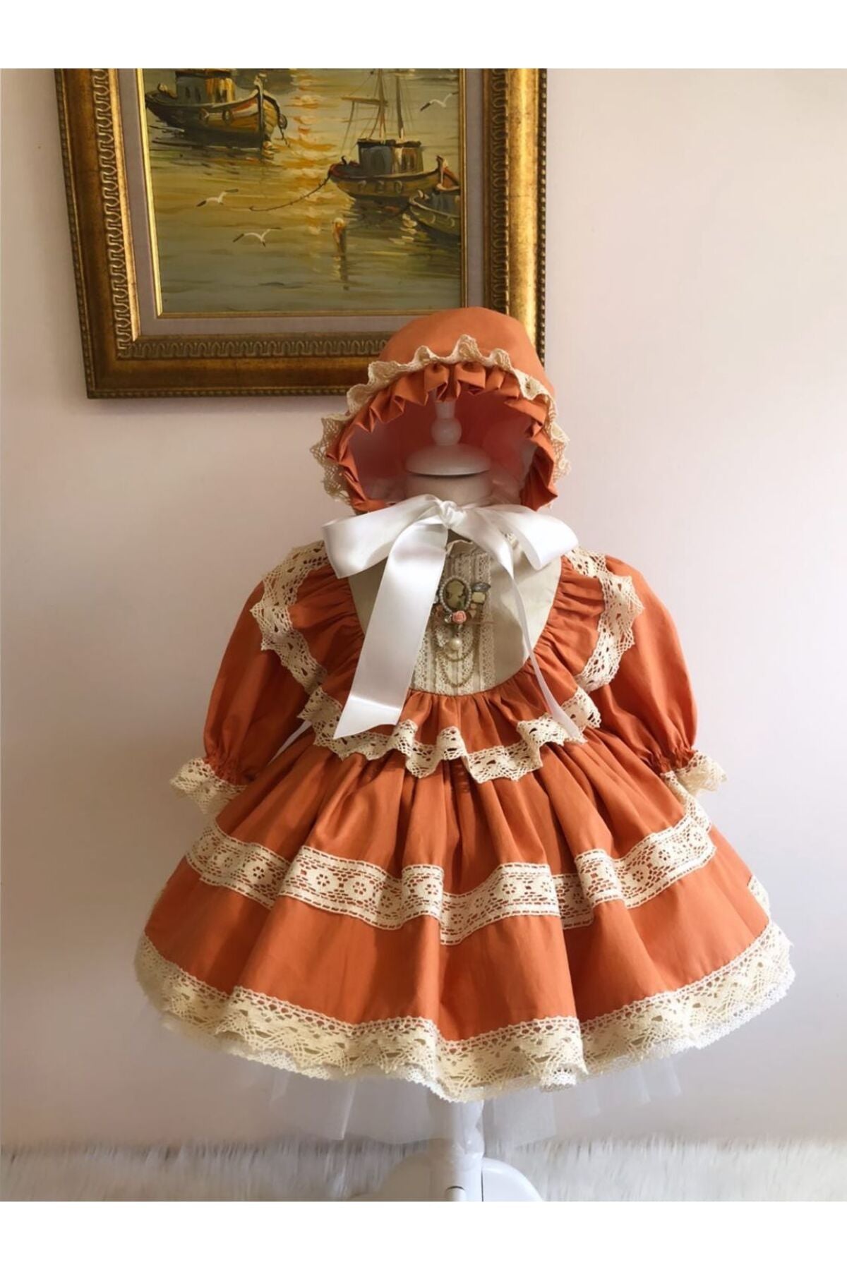Kiremit Vintage Takım Kız Bebek Elbisesi