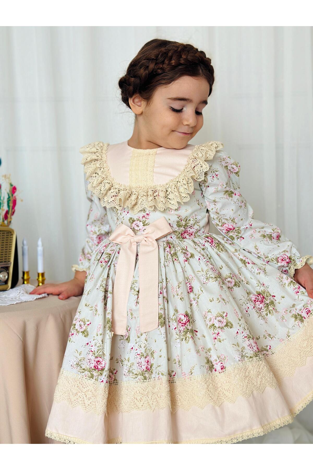 Mint Yeşili Uzun Kollu Vintage Bebek Elbise 6