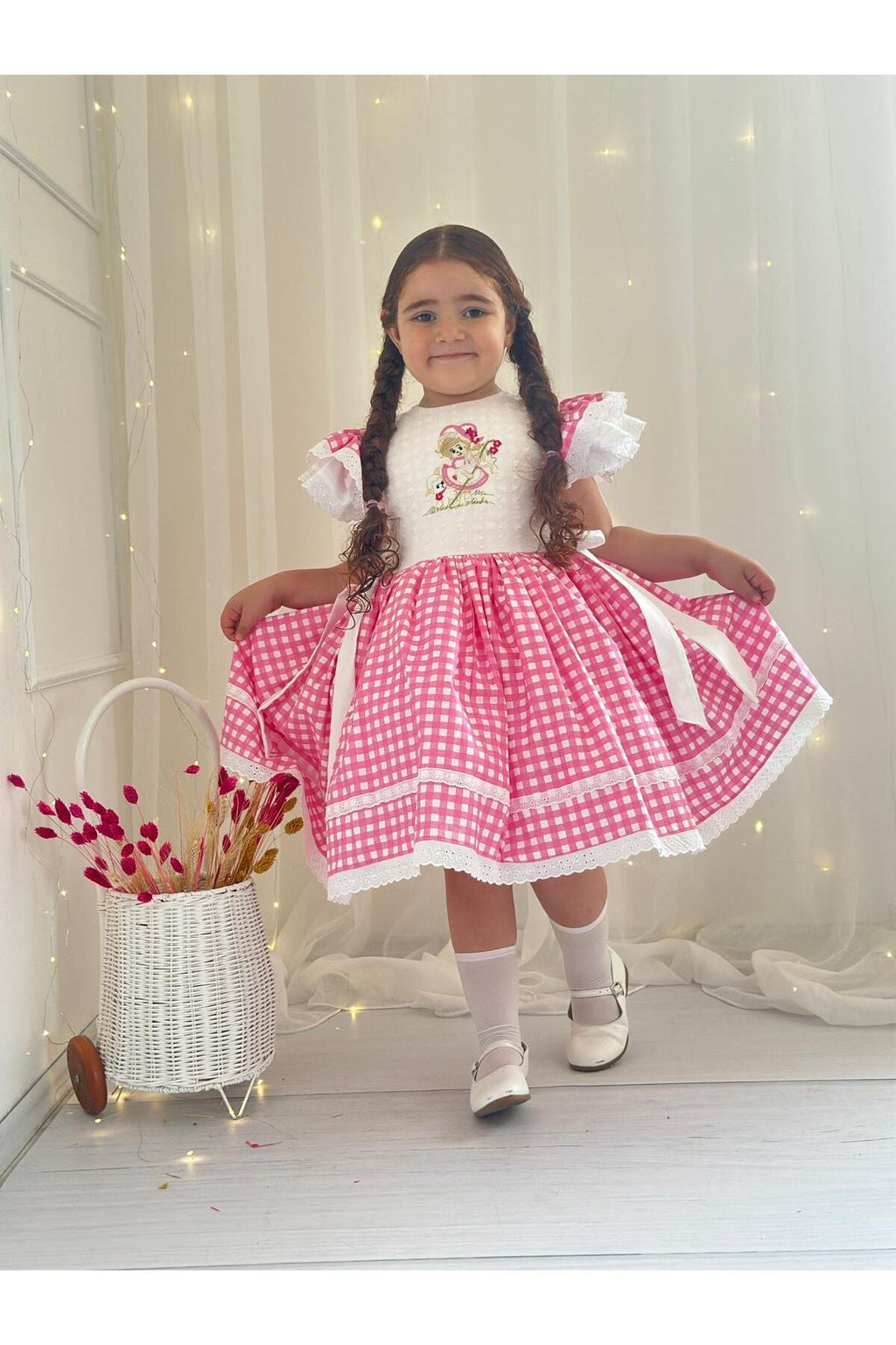 Pembe Kareli Vintage Kız Bebek Elbisesi 3