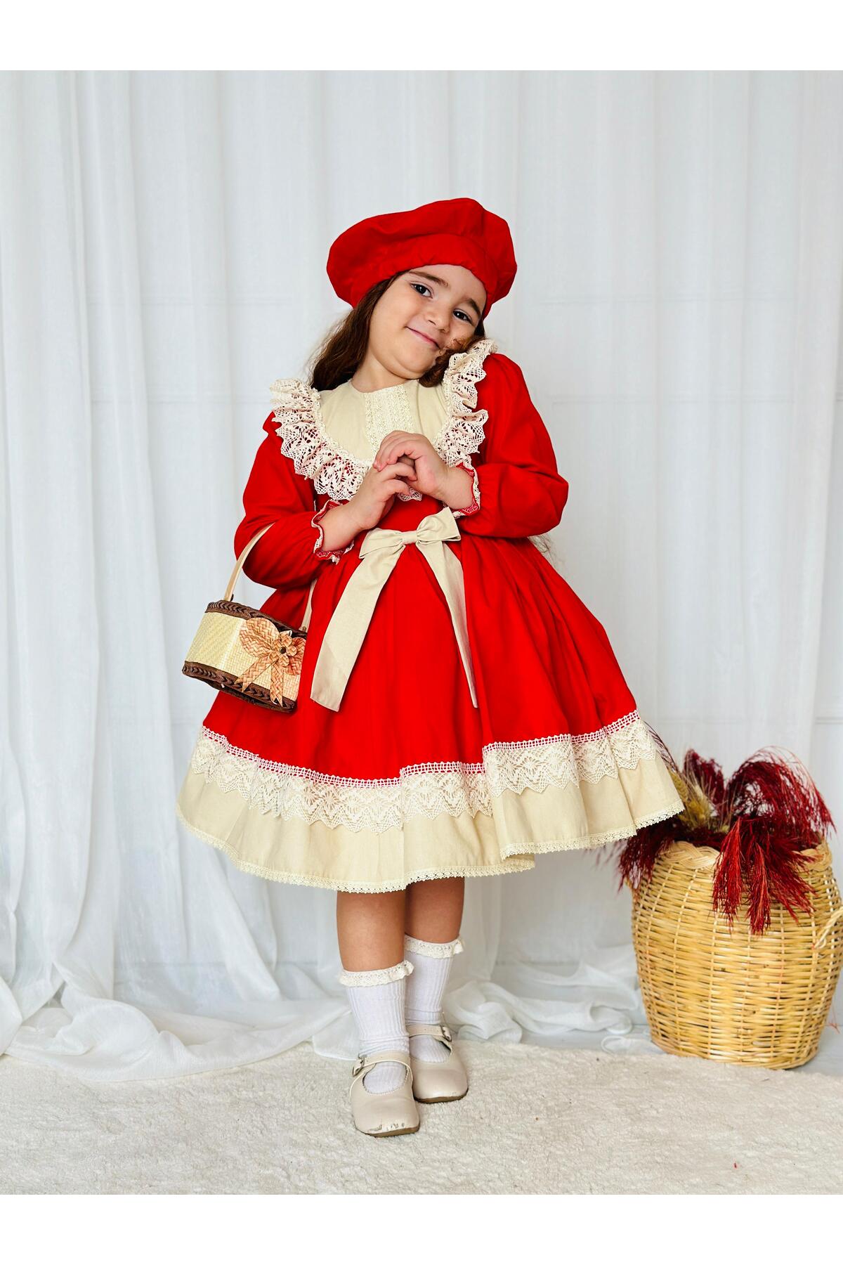 Kırmızı Karanfil Vintage Kız Bebek Elbise