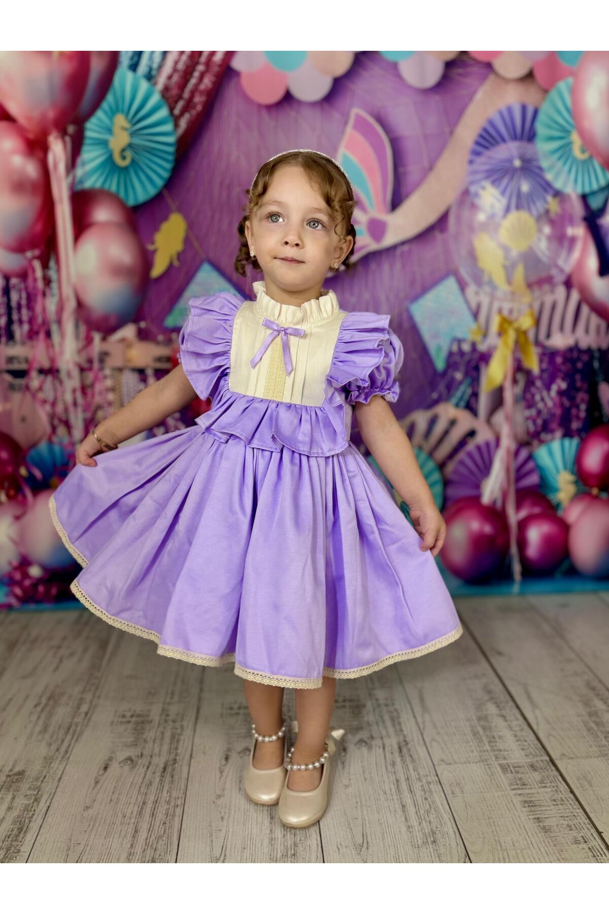 Defne Lila Fiyonklu Vintage Kız Bebek Elbise 2