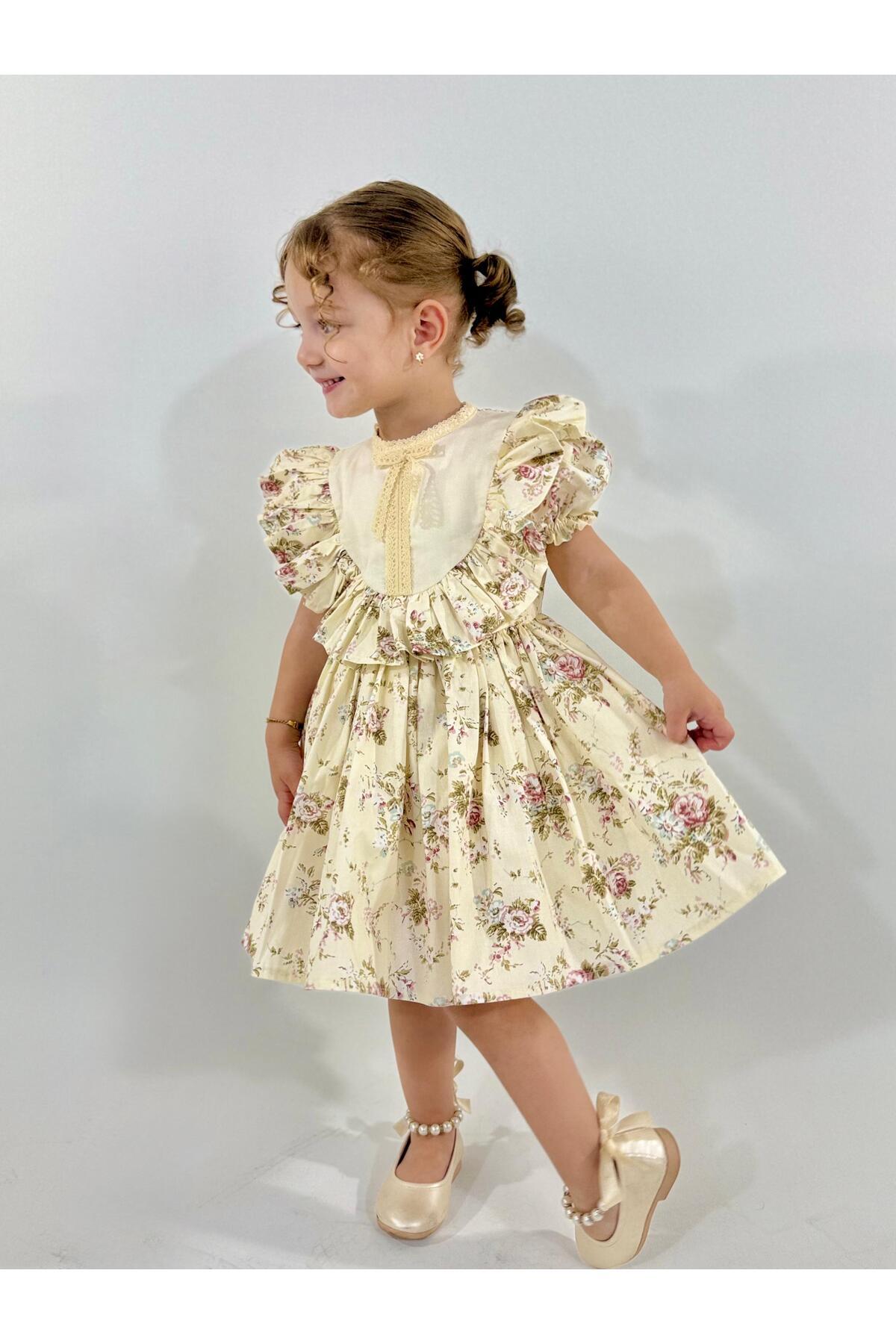 Defne Krem Çiçekli Vintage Kız Bebek Elbise 5