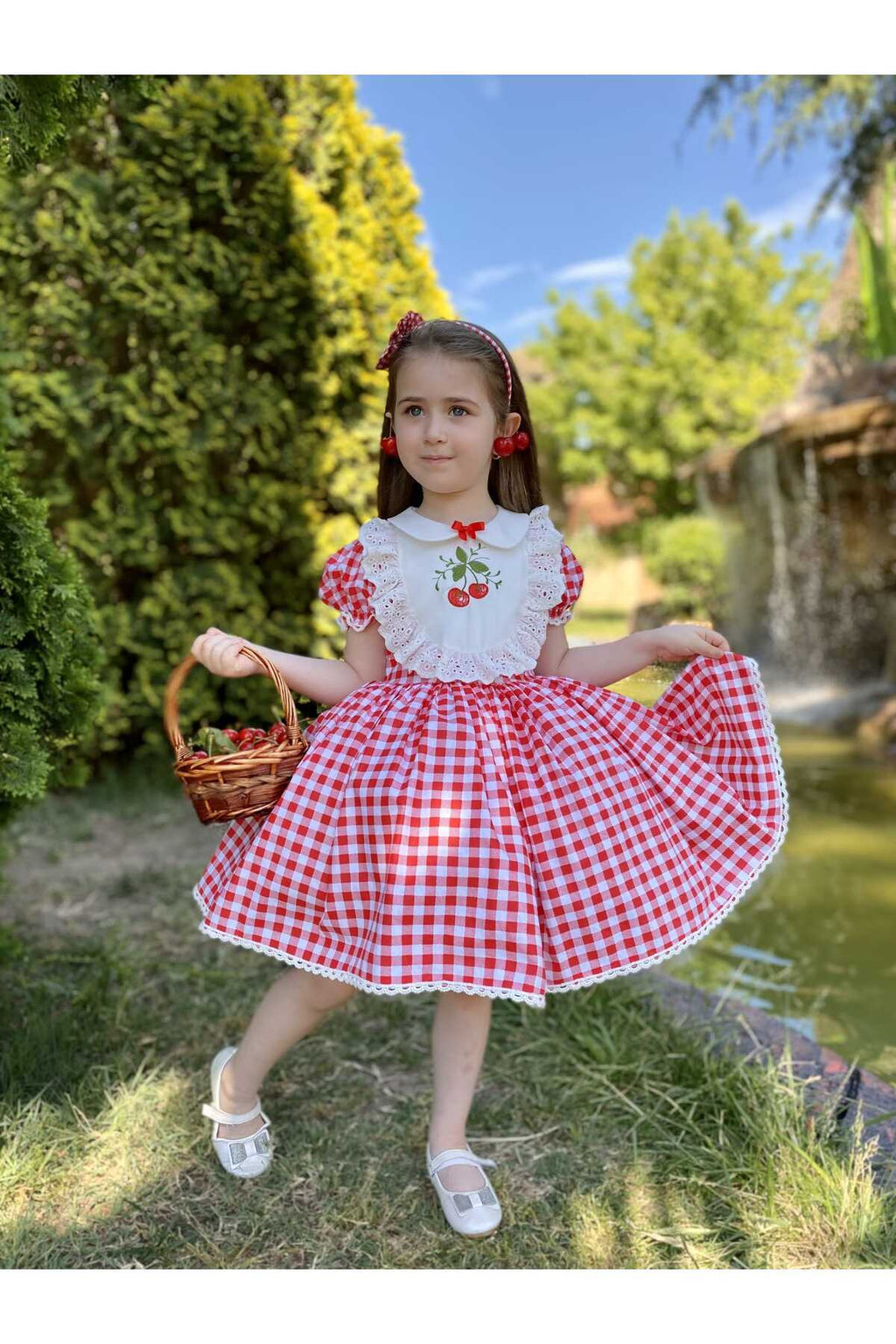 Kirazlı Kırmızı Vintage Kız Bebek Elbisesi 5
