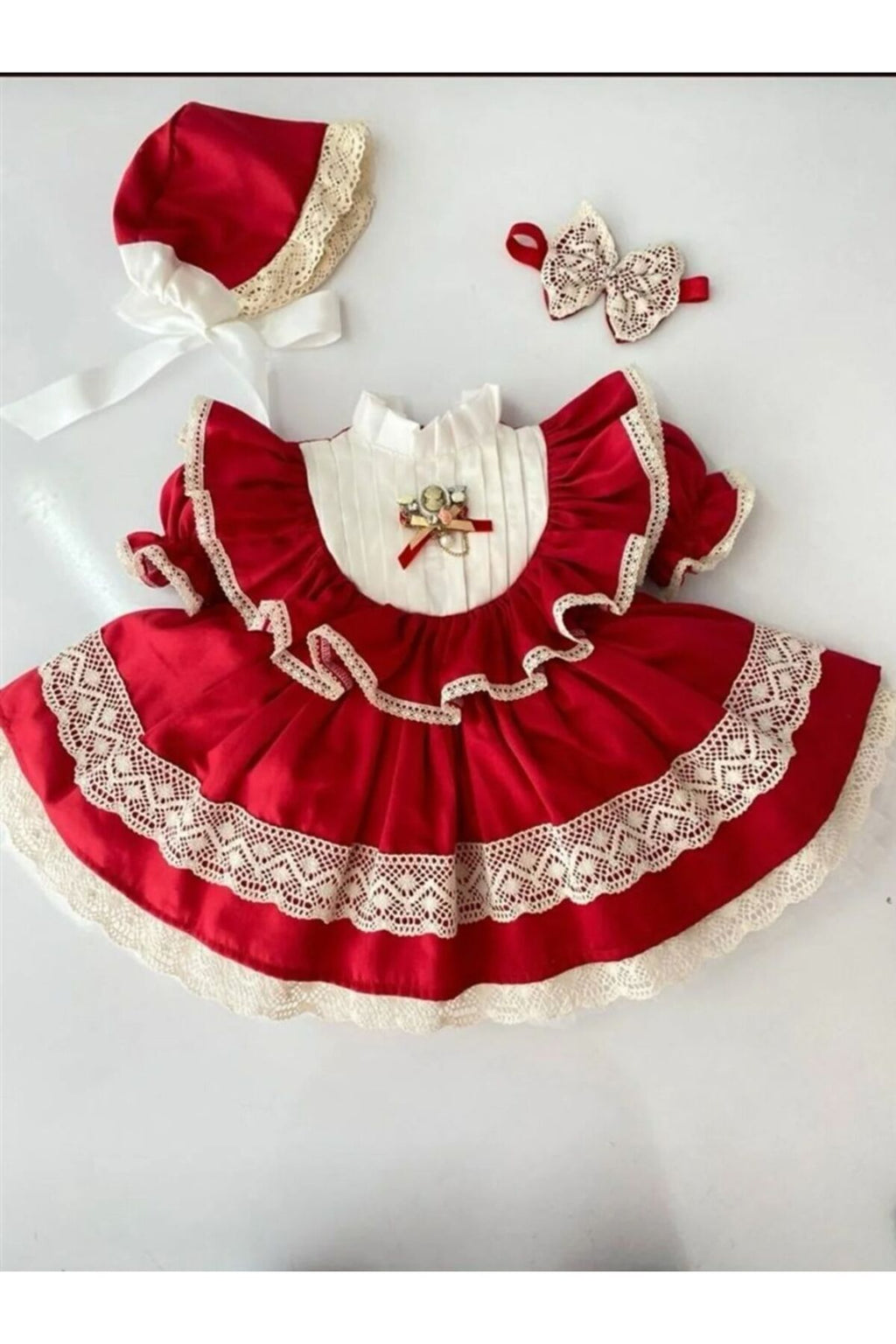 Kırmızı Nervürlü Vintage Kız Bebek Elbisesi