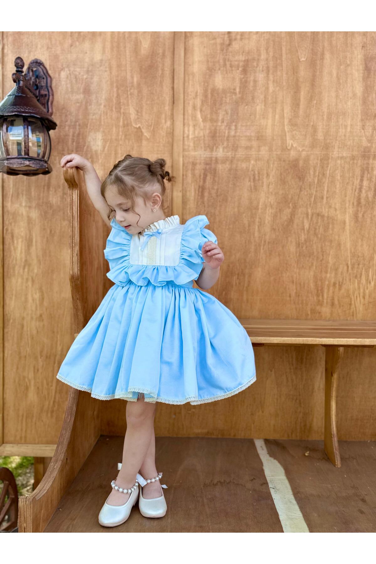 Defne Mavi Fiyonklu Vintage Kız Bebek Elbise 6