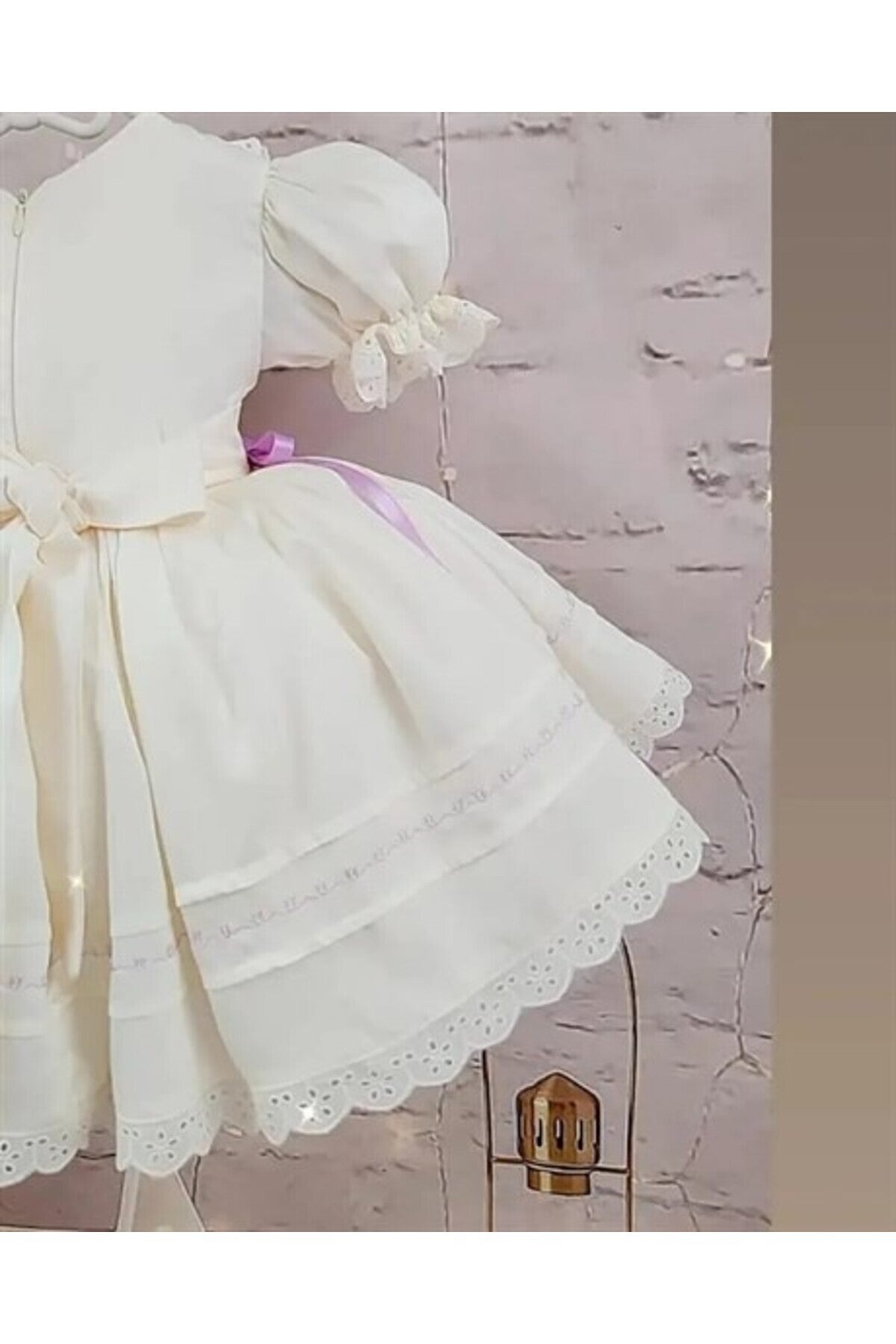 Krem Lila Vintage Kız Bebek Elbisesi 3