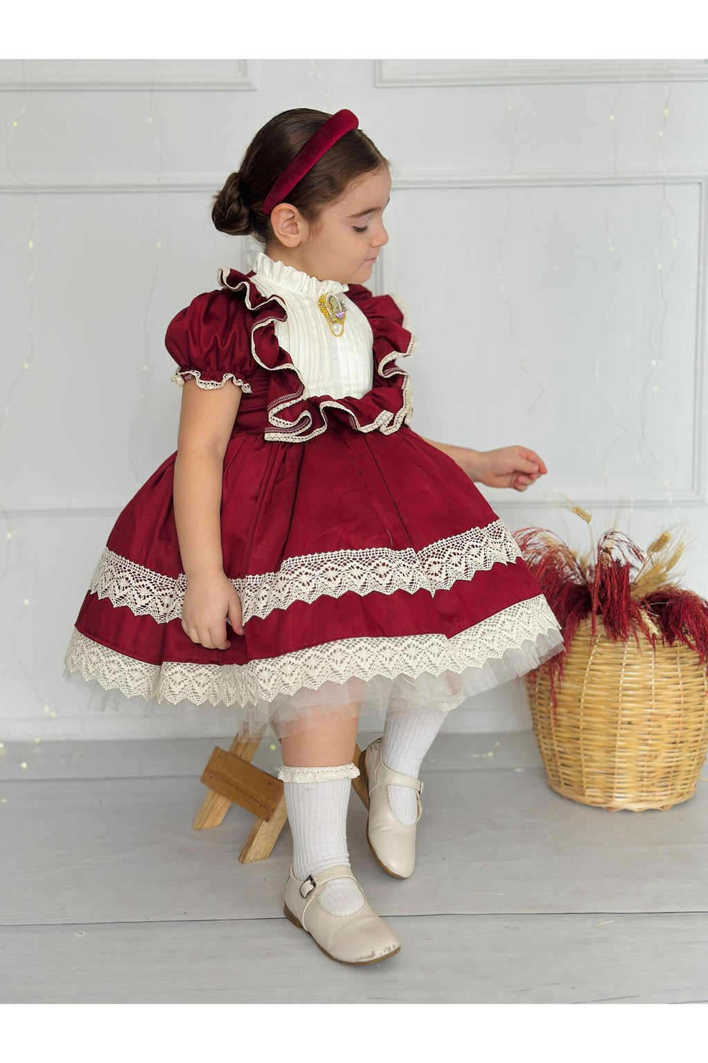 Zebrina Bordo Vintage Kız Bebek Elbise 8