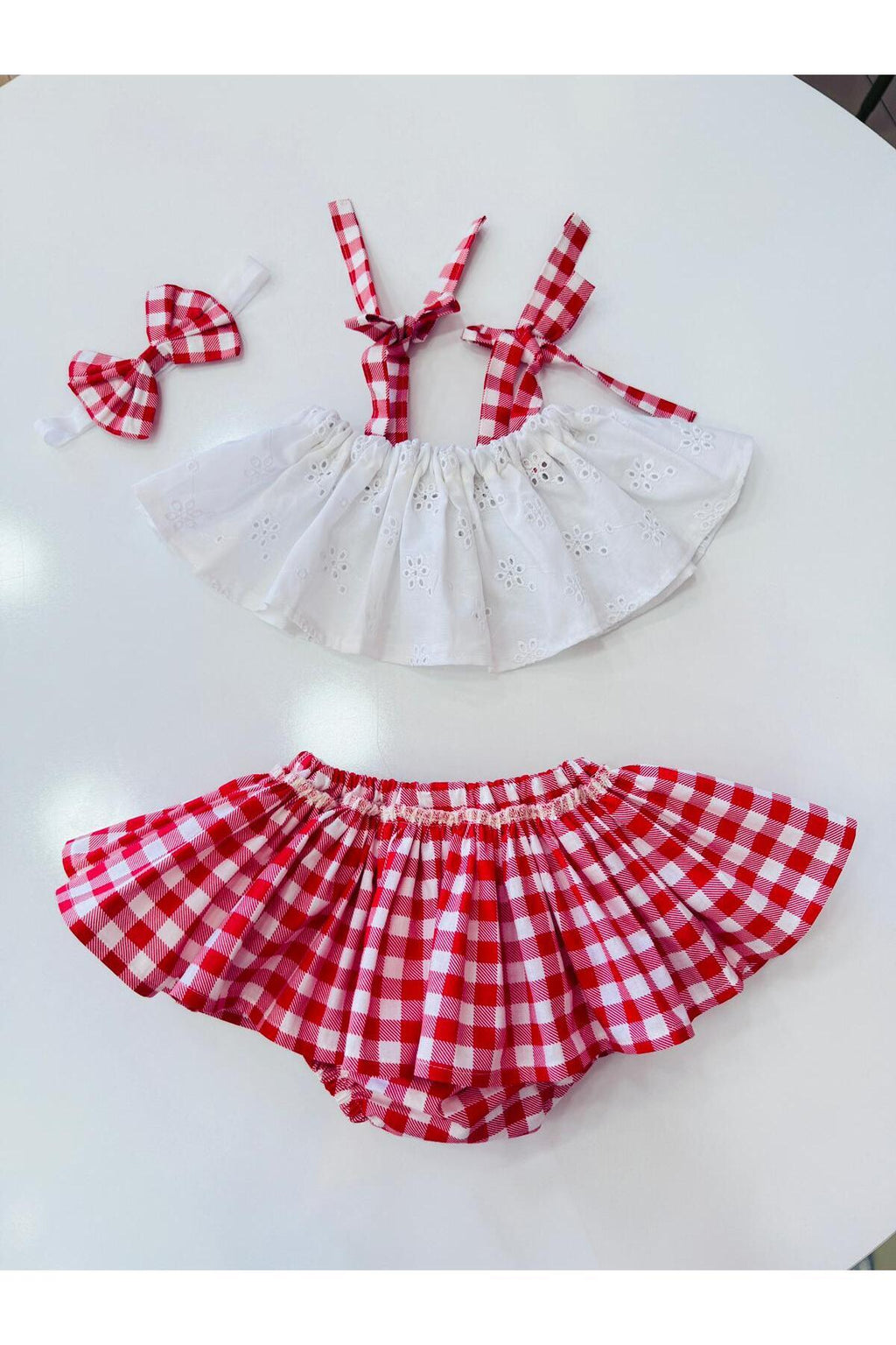 Kırmızı Kareli Crop Takım Kız Bebek Elbise