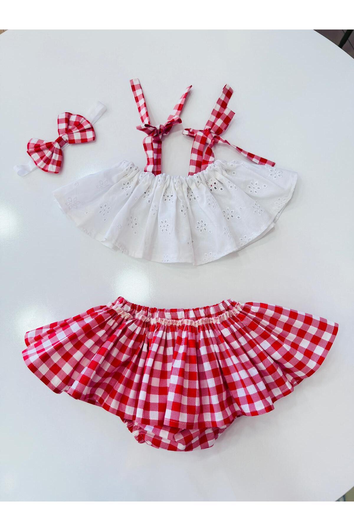 Kırmızı Kareli Crop Takım Kız Bebek Elbise