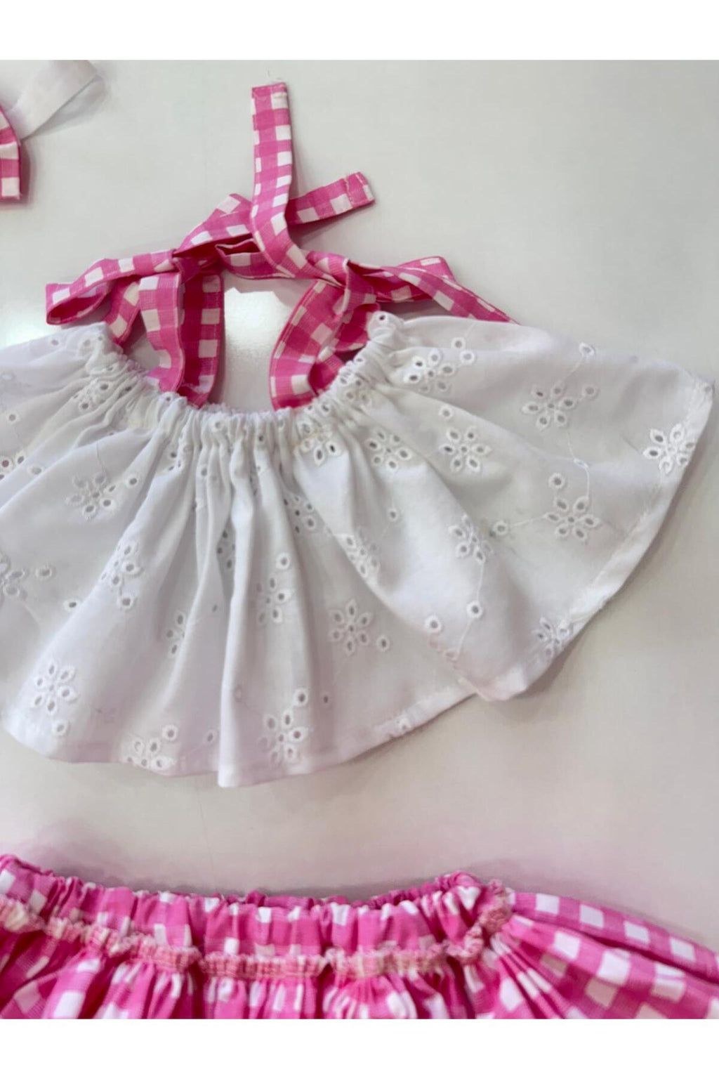 Hly Karol Pembe Kareli Crop Takım Kız Bebek Elbise 2