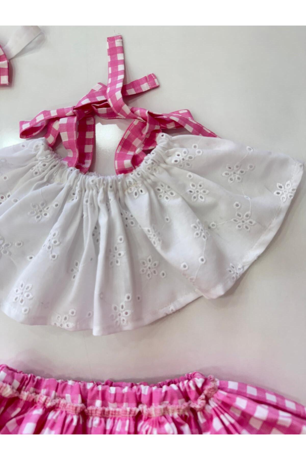 Hly Karol Pembe Kareli Crop Takım Kız Bebek Elbise 2