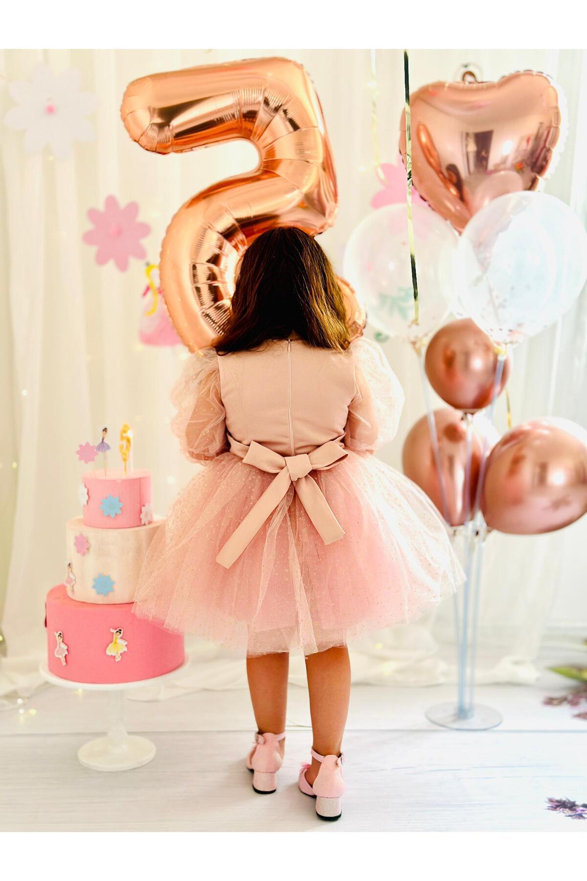 Pudra Pembe Yıldızlı Yılbaşı Kız Bebek Elbisesi 4