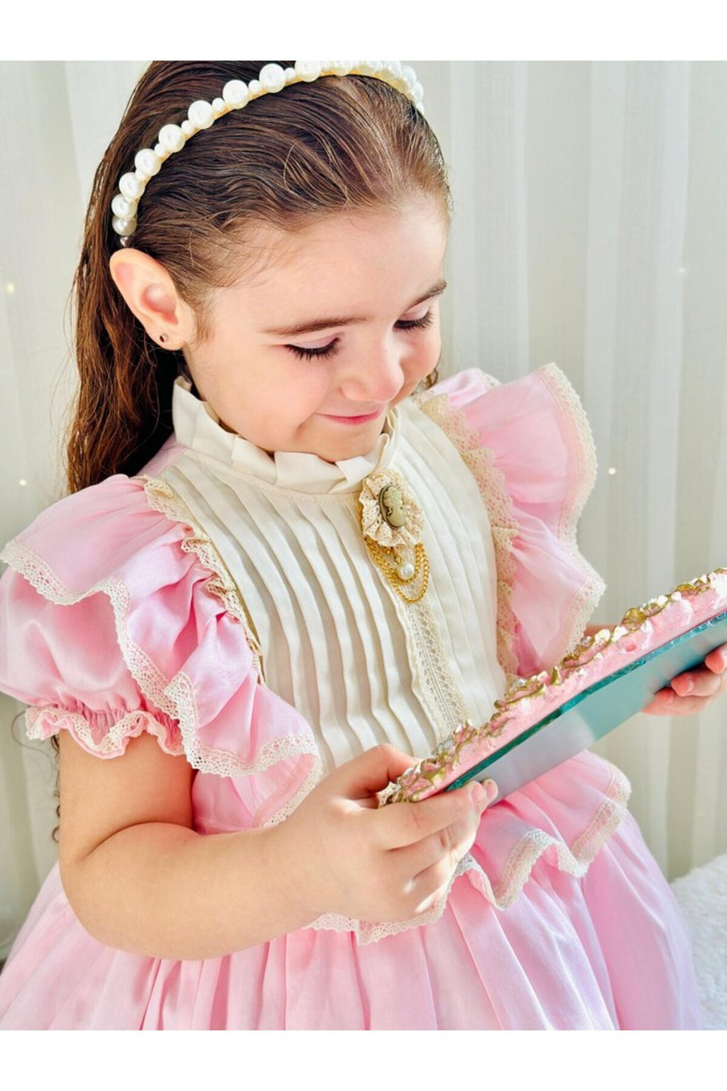 Pembe Krem Vintage Kız Bebek Elbisesi 2