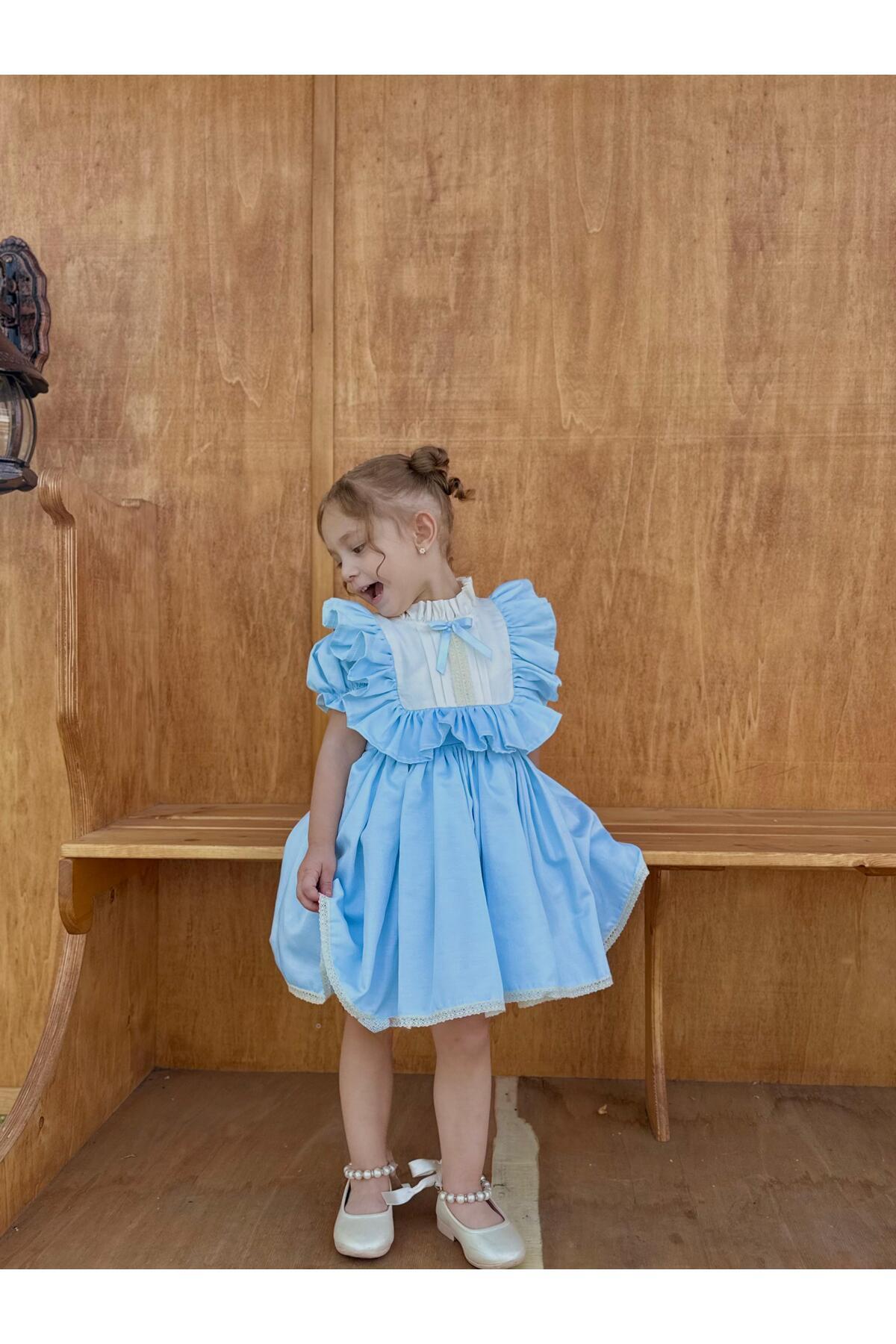 Defne Mavi Fiyonklu Vintage Kız Bebek Elbise 5
