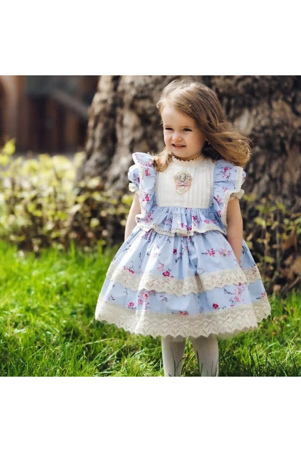 Mavi Dantelli Vintage Kız Bebek Elbisesi