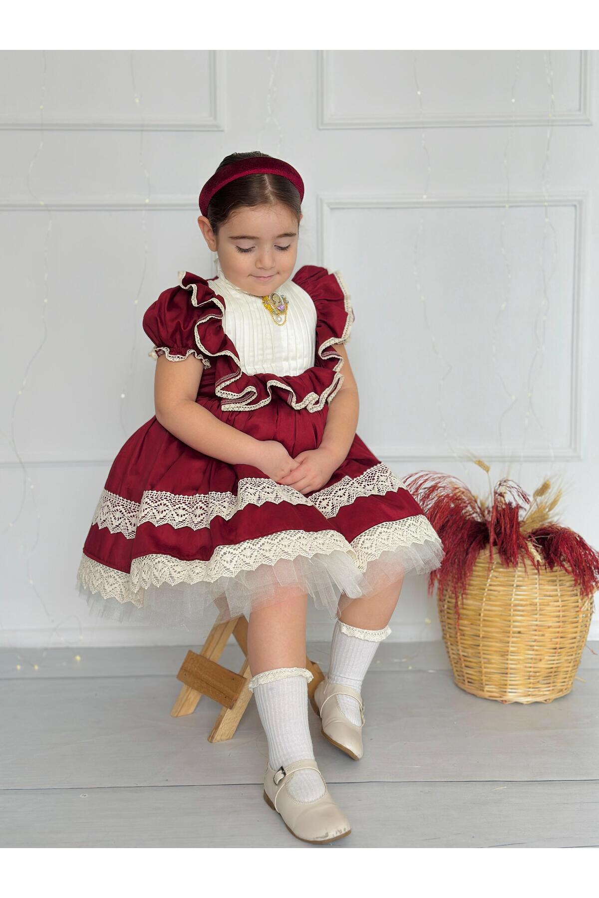 Zebrina Bordo Vintage Kız Bebek Elbise 7