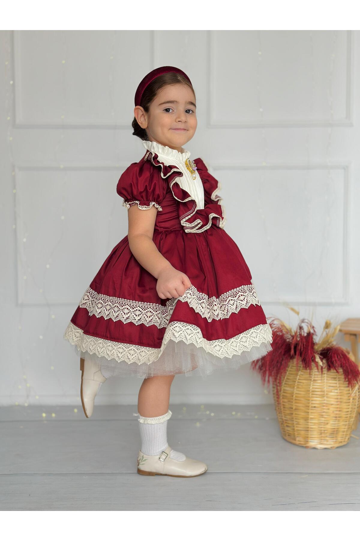 Zebrina Bordo Vintage Kız Bebek Elbise 6