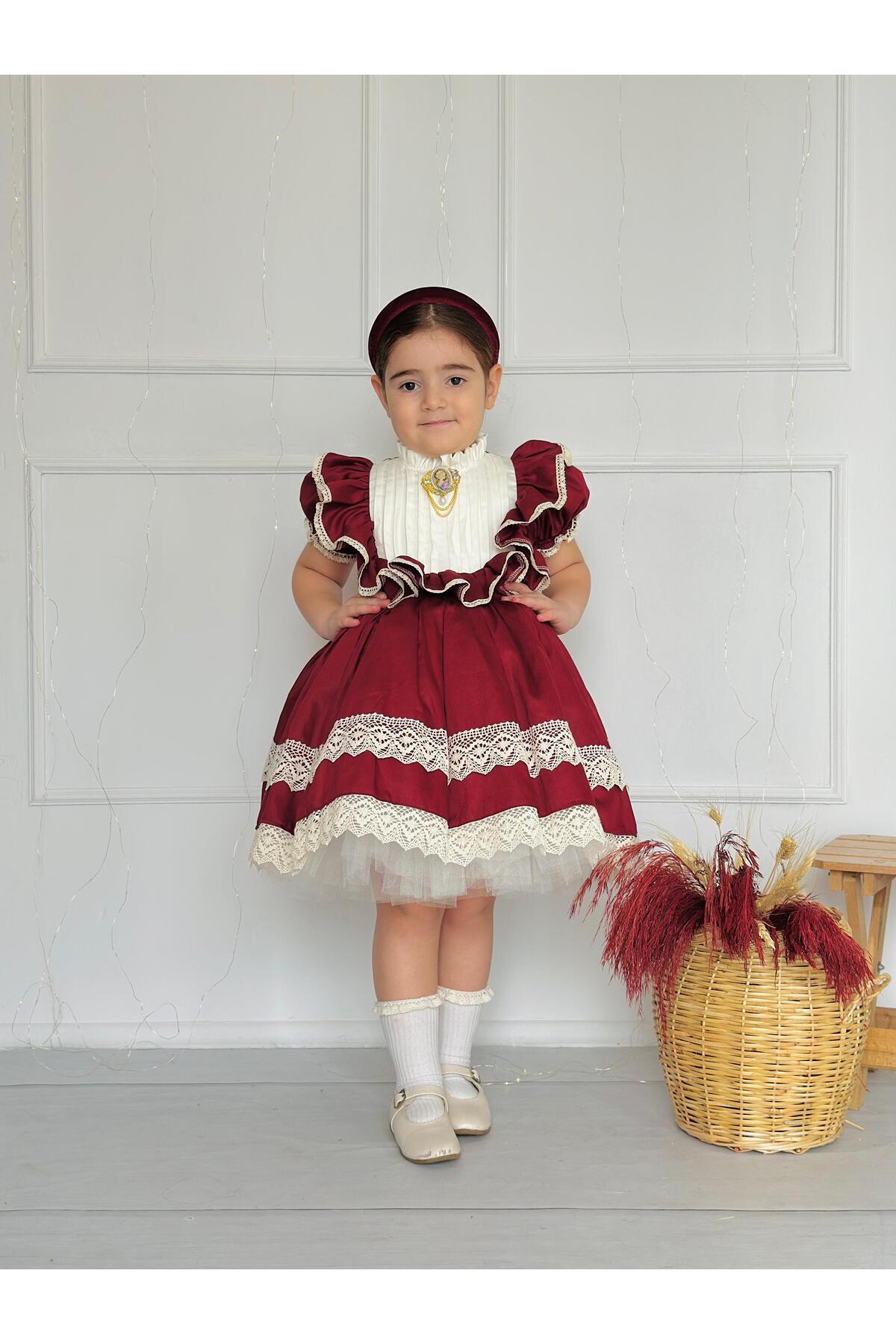 Zebrina Bordo Vintage Kız Bebek Elbise 3